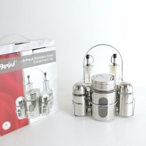 New In Box 6-Piece Stainless Steel Condiment Set Oil Bottle Salt Pepper Shaker